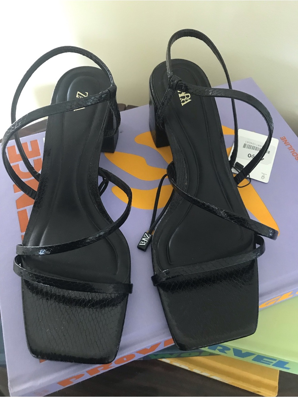 Zara Black Strappy Square-Toe Block Heels